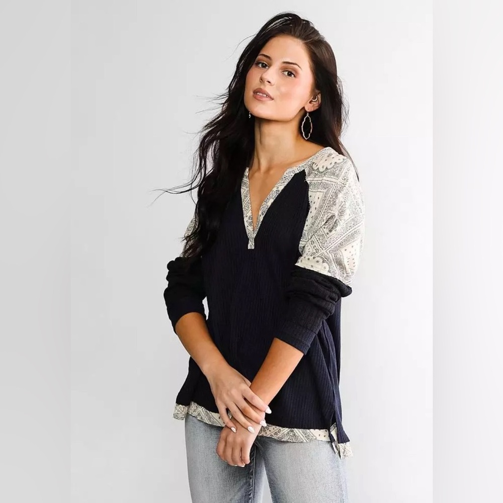 Miss Me Pieced Print Ribbed Knit Split Neck Top Long Sleeve Size Small Boho
